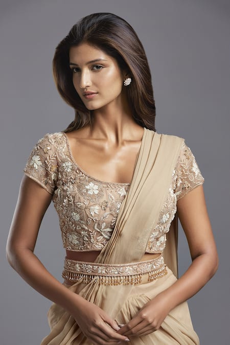 Buy_Maisolos_Beige Net, Georgette Beads, Solid Pre-draped Sharara Saree With Blouse _Online_at_Aza_Fashions