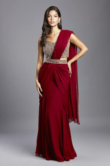 MAISOLOS Maroon Blouse And Belt Net Hand Embroidered Floral V Neck Pre-draped Saree With 