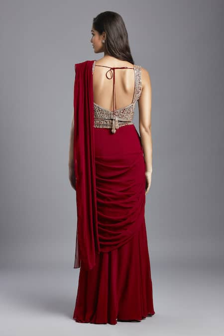 Maisolos Pre-Draped Saree With Floral Hand Embroidered Blouse 