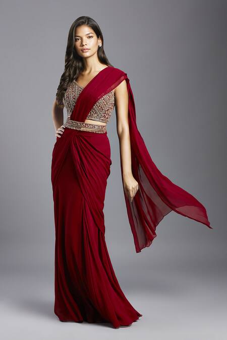 Maisolos_Maroon Georgette, Net Embroidery Pre-draped Saree With Floral Hand Blouse _Online_at_Aza_Fashions