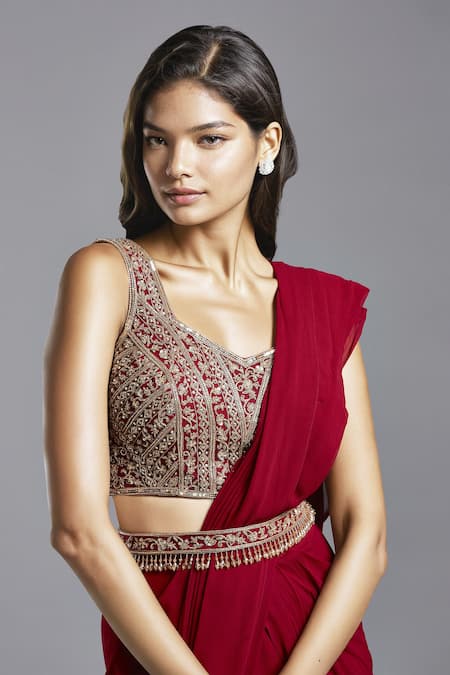 Buy_Maisolos_Maroon Georgette, Net Embroidery Pre-draped Saree With Floral Hand Blouse _Online_at_Aza_Fashions