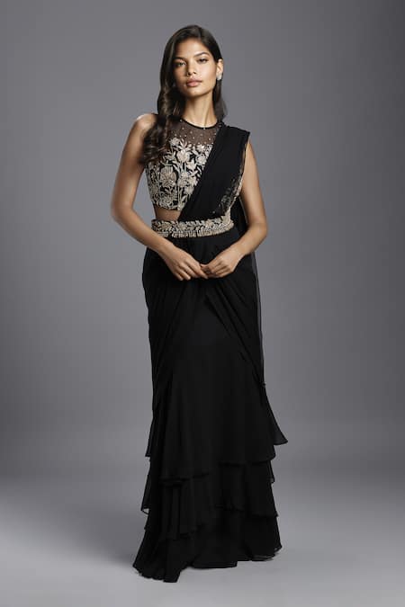 MAISOLOS Black Saree Georgette Hand Embroidered Ruffle Detailed Pre-draped With Blouse 