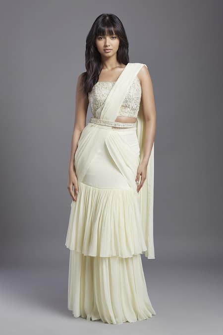 MAISOLOS Tiered Ruffle Pre-Drape Saree With Blouse 