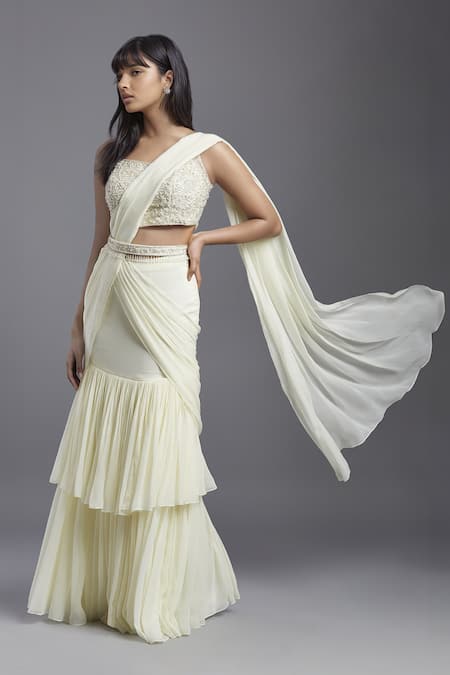 Maisolos_Ivory Georgette, Net Embroidery Tiered Ruffle Pre-drape Saree With Blouse _Online_at_Aza_Fashions