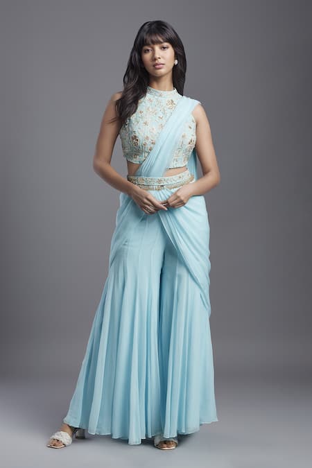 MAISOLOS Solid Pre-Draped Sharara Saree With Embroidered Blouse 