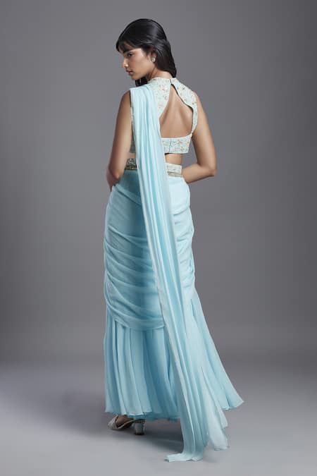 Maisolos Solid Pre-Draped Sharara Saree With Embroidered Blouse 