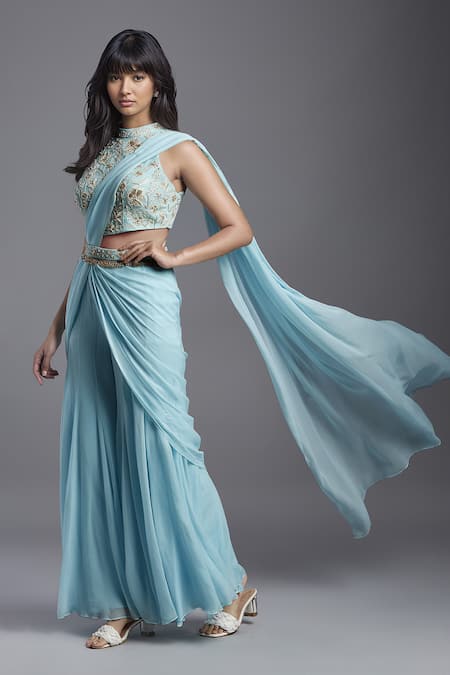 Maisolos_Blue Georgette Embroidery Halter Solid Pre-draped Sharara Saree With Blouse _Online_at_Aza_Fashions