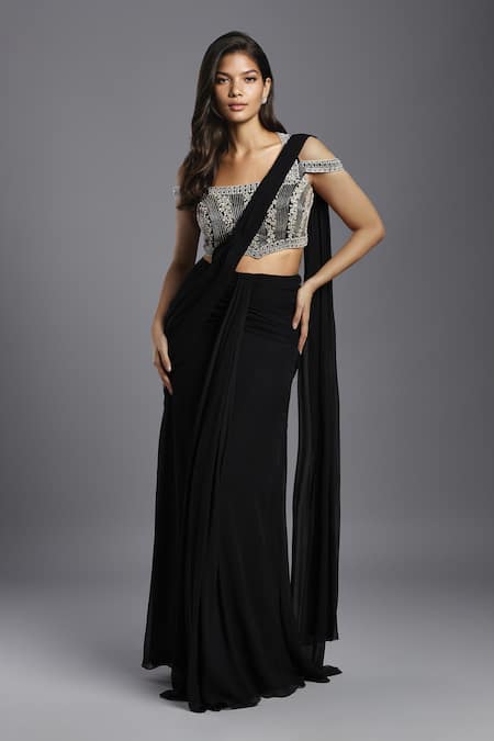 MAISOLOS Black Georgette Hand Embroidered Pre-draped Saree With Cold Shoulder Blouse 