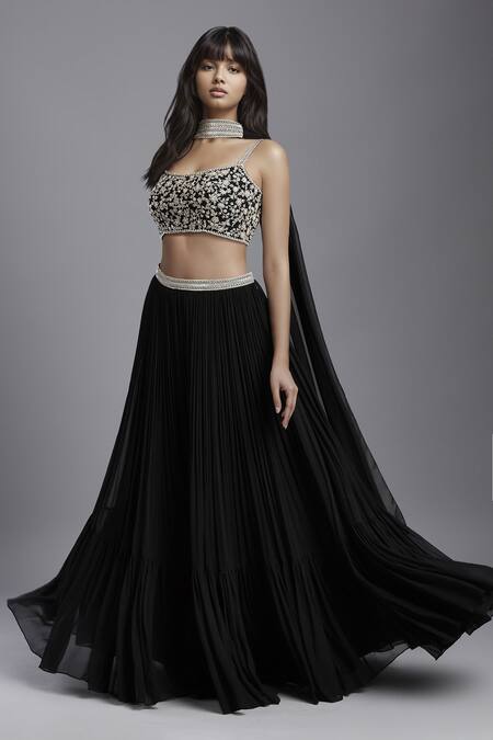 Buy Maisolos Black Georgette Embroidery Scoop Neck Waist Lehenga Set With Choker Dupatta Online at Aza Fashions Buy_Maisolos_Black Georgette Embroidery Scoop Neck Waist Lehenga Set With Choker Dupatta _Online_at_Aza_Fashions