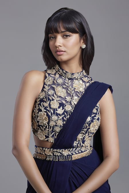 Buy_Maisolos_Blue Georgette, Net Embroidery Halter Neck Tiered Pre-draped Saree With Blouse _Online_at_Aza_Fashions