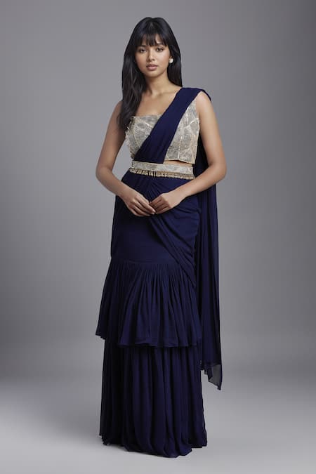 MAISOLOS Blue Blouse Net Hand Embroidered Wave Square Tiered Pre-draped Saree With 