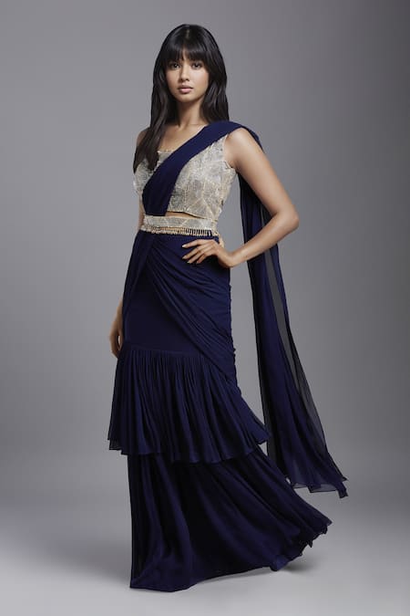 Maisolos_Blue Georgette, Net Ruffles, Embroidery Tiered Pre-draped Saree With Blouse _Online_at_Aza_Fashions