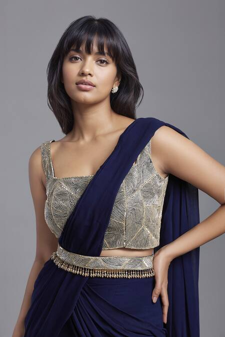 Buy_Maisolos_Blue Georgette, Net Ruffles, Embroidery Tiered Pre-draped Saree With Blouse _Online_at_Aza_Fashions