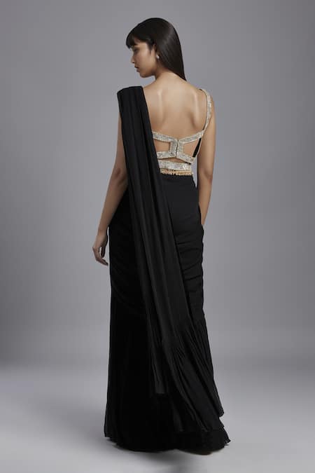 Maisolos Solid Pre-Draped Sharara Saree With Hand Embroidered Blouse 