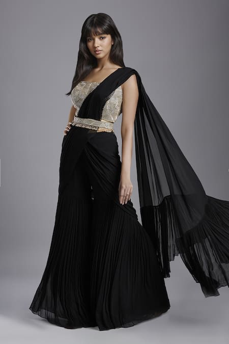 Maisolos Black Net, Georgette Solid Pre-draped Sharara Saree With Hand Blouse Online at Aza Fashions Maisolos_Black Net, Georgette Solid Pre-draped Sharara Saree With Hand Blouse _Online_at_Aza_Fashions