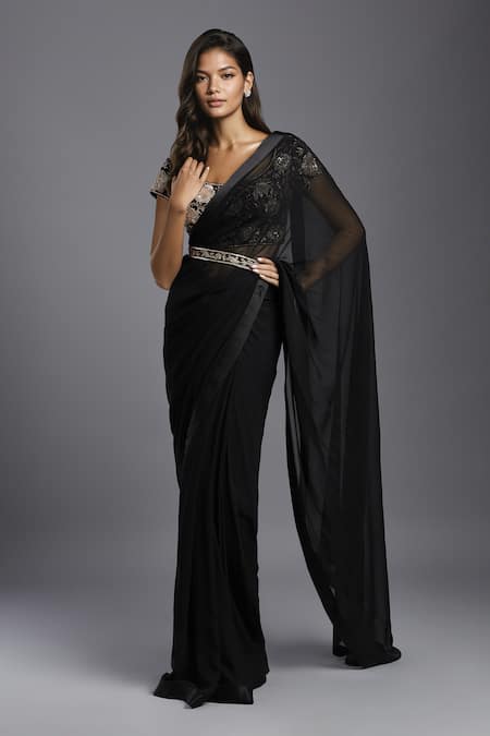 MAISOLOS Black Blouse Crepe Satin Hand Embroidered Floral Solid Pre-draped Saree With 