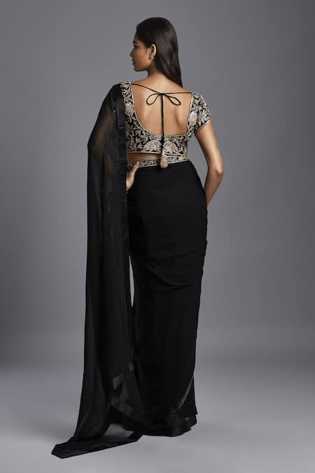 Shop Maisolos Black Georgette, Crepe Embroidery Round Solid Pre-draped Saree With Hand Blouse at Aza Fashions Shop_Maisolos_Black Georgette, Crepe Embroidery Round Solid Pre-draped Saree With Hand Blouse _at_Aza_Fashions