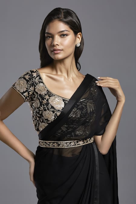Buy Maisolos Black Georgette, Crepe Embroidery Round Solid Pre-draped Saree With Hand Blouse Online at Aza Fashions Buy_Maisolos_Black Georgette, Crepe Embroidery Round Solid Pre-draped Saree With Hand Blouse _Online_at_Aza_Fashions