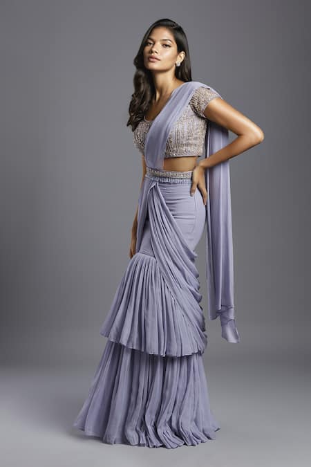 Maisolos_Purple Georgette, Net Embroidery Round Gathered Pre-draped Saree With Blouse _Online_at_Aza_Fashions