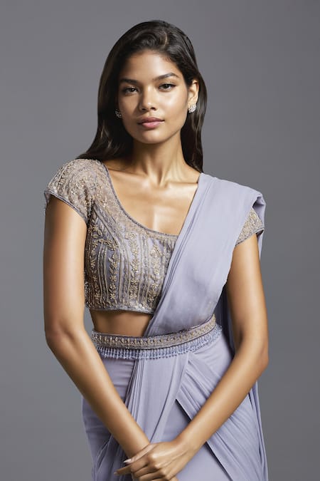 Buy_Maisolos_Purple Georgette, Net Embroidery Round Gathered Pre-draped Saree With Blouse _Online_at_Aza_Fashions