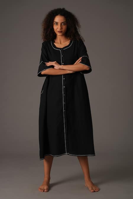 KHAT Black Handwoven Cotton Embroidery Stitchline Round Neck Front Slit Dress 