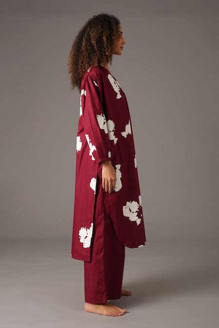 Buy_Khat_Maroon Poplin, Cotton Collared Garden Grace Print Kurta And Pant Set _Online_at_Aza_Fashions