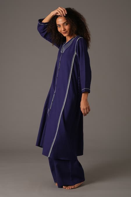 Khat_Blue Handloom , Piping Serenity Hand Embroidered Kurta With Pant _at_Aza_Fashions