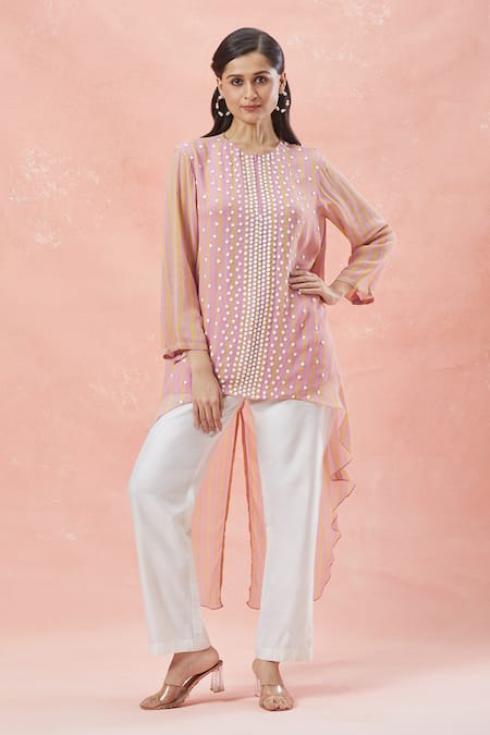 NAMRATA JOSHIPURA 3D Floral Striped Top with Asymmetric Hem 