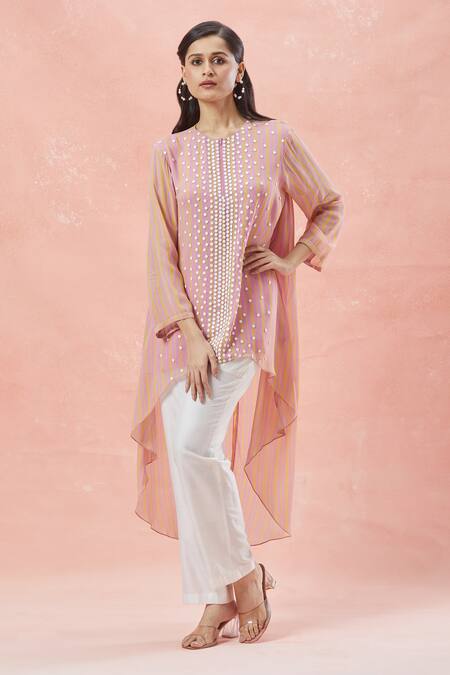 Namrata Joshipura_Purple Round Neck 3d Floral Striped Top With Asymmetric Hem_Online_at_Aza_Fashions