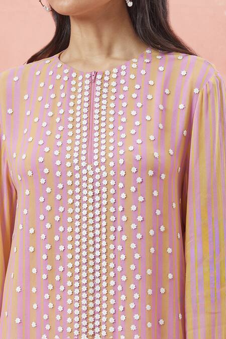 Shop_Namrata Joshipura_Purple Round Neck 3d Floral Striped Top With Asymmetric Hem_Online_at_Aza_Fashions