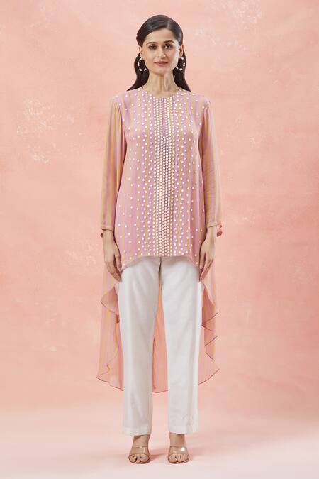 Namrata Joshipura_Purple Round Neck 3d Floral Striped Top With Asymmetric Hem_at_Aza_Fashions