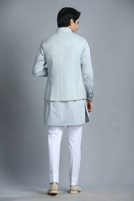 Shop_Char Chaand_Gray Cotton Embroidery Geometric Bundi And Kurta Set _at_Aza_Fashions