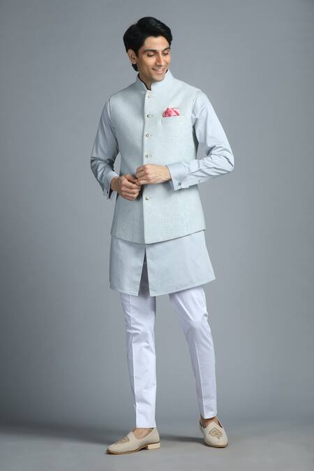 Shop_Char Chaand_Gray Cotton Embroidery Geometric Bundi And Kurta Set _Online_at_Aza_Fashions