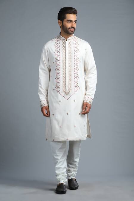 Buy_Char Chaand_Cream Cotton Mirrors, Embroidery Textured Work Kurta _Online_at_Aza_Fashions