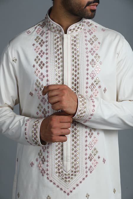 Char Chaand_Cream Cotton Mirrors, Embroidery Textured Work Kurta _at_Aza_Fashions