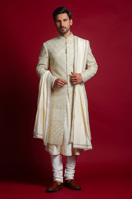 Char Chaand Ivory Silk Embroidery Gota Sherwani Set 