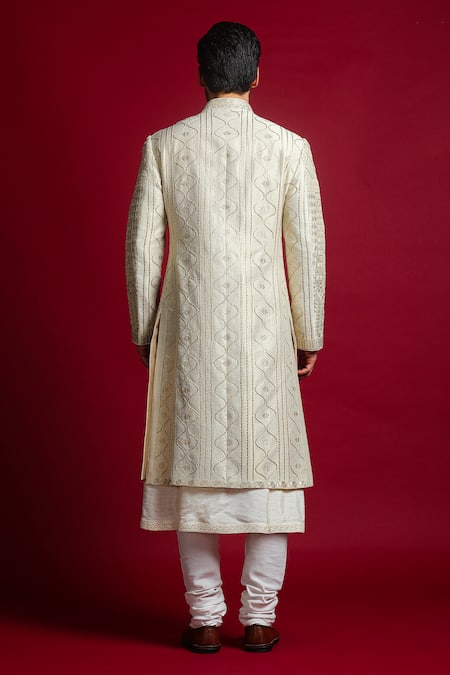 Shop_Char Chaand_Ivory Silk Embroidery Gota Sherwani Set _at_Aza_Fashions
