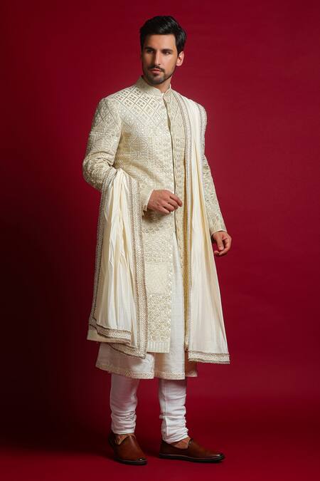 Buy_Char Chaand_Ivory Silk Embroidery Gota Sherwani Set _Online_at_Aza_Fashions