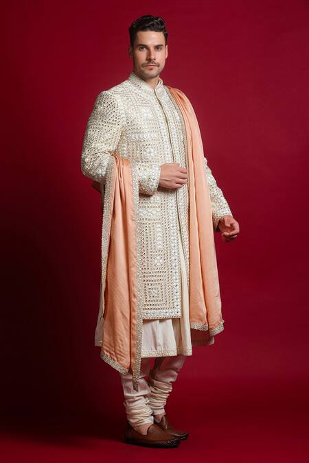 Char Chaand Ivory Brocade Diamonds Mirror Embroidered Sherwani Set Online at Aza Fashions Char Chaand_Ivory Brocade Diamonds Mirror Embroidered Sherwani Set _Online_at_Aza_Fashions