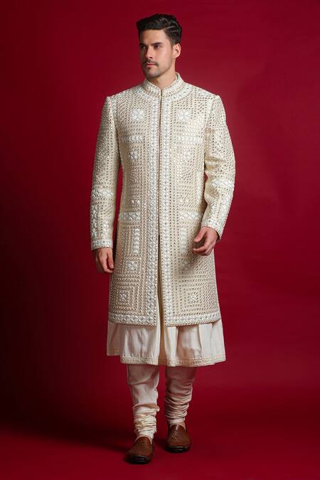 Buy Char Chaand Ivory Brocade Diamonds Mirror Embroidered Sherwani Set Online at Aza Fashions Buy_Char Chaand_Ivory Brocade Diamonds Mirror Embroidered Sherwani Set _Online_at_Aza_Fashions
