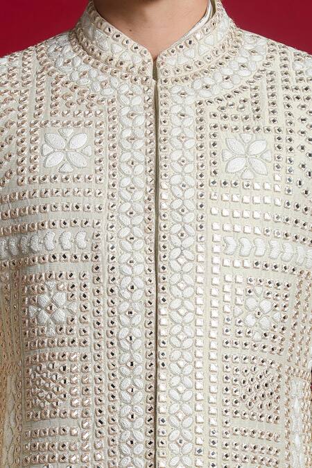 Shop Char Chaand Ivory Brocade Diamonds Mirror Embroidered Sherwani Set Online at Aza Fashions Shop_Char Chaand_Ivory Brocade Diamonds Mirror Embroidered Sherwani Set _Online_at_Aza_Fashions