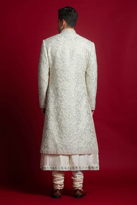 Shop Char Chaand Ivory Chiffon Sequins, Zari, Embroidery Floral Sherwani Set at Aza Fashions Shop_Char Chaand_Ivory Chiffon Sequins, Zari, Embroidery Floral Sherwani Set _at_Aza_Fashions