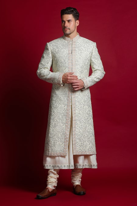 Buy Char Chaand Ivory Chiffon Sequins, Zari, Embroidery Floral Sherwani Set Online at Aza Fashions Buy_Char Chaand_Ivory Chiffon Sequins, Zari, Embroidery Floral Sherwani Set _Online_at_Aza_Fashions