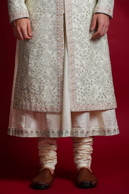 Char Chaand Ivory Chiffon Sequins, Zari, Embroidery Floral Sherwani Set at Aza Fashions Char Chaand_Ivory Chiffon Sequins, Zari, Embroidery Floral Sherwani Set _at_Aza_Fashions