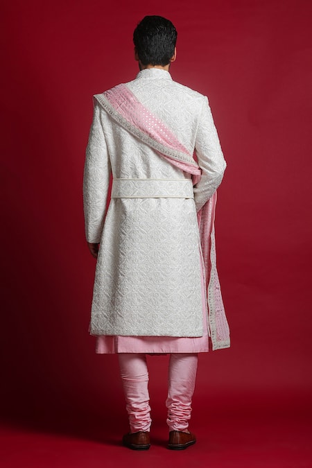 Shop Char Chaand Ivory Brocade Sequins, Beads, Embroidery Mughal Sherwani Set at Aza Fashions Shop_Char Chaand_Ivory Brocade Sequins, Beads, Embroidery Mughal Sherwani Set _at_Aza_Fashions