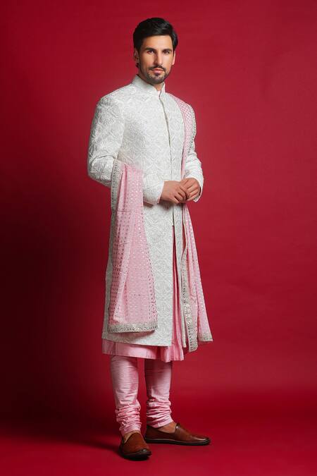 Char Chaand Ivory Brocade Sequins, Beads, Embroidery Mughal Sherwani Set Online at Aza Fashions Char Chaand_Ivory Brocade Sequins, Beads, Embroidery Mughal Sherwani Set _Online_at_Aza_Fashions