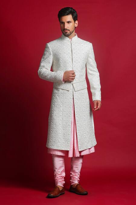 Buy Char Chaand Ivory Brocade Sequins, Beads, Embroidery Mughal Sherwani Set Online at Aza Fashions Buy_Char Chaand_Ivory Brocade Sequins, Beads, Embroidery Mughal Sherwani Set _Online_at_Aza_Fashions