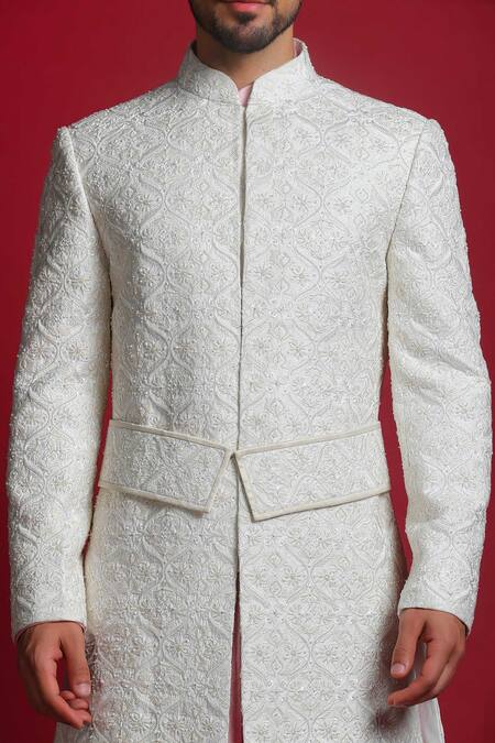 Shop Char Chaand Ivory Brocade Sequins, Beads, Embroidery Mughal Sherwani Set Online at Aza Fashions Shop_Char Chaand_Ivory Brocade Sequins, Beads, Embroidery Mughal Sherwani Set _Online_at_Aza_Fashions