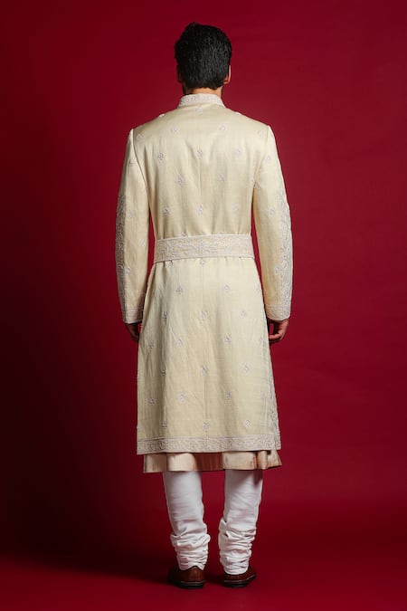 Shop Char Chaand Ivory Linen, Satin Gota Patti Geometric Embroidered Sherwani Set at Aza Fashions Shop_Char Chaand_Ivory Linen, Satin Gota Patti Geometric Embroidered Sherwani Set _at_Aza_Fashions