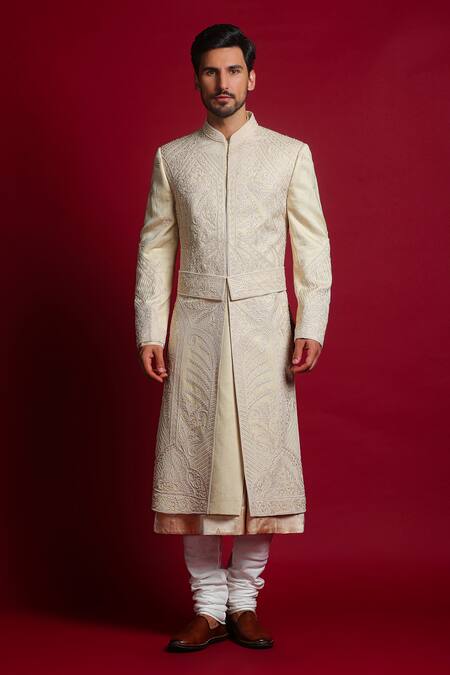 Buy Char Chaand Ivory Linen, Satin Gota Patti Geometric Embroidered Sherwani Set Online at Aza Fashions Buy_Char Chaand_Ivory Linen, Satin Gota Patti Geometric Embroidered Sherwani Set _Online_at_Aza_Fashions